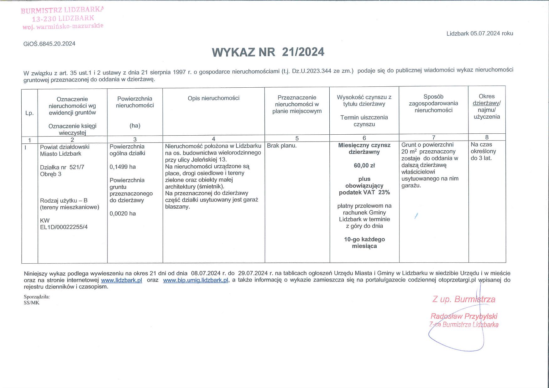 Wykaz Nr 21/2024 - Nieruchomość gruntowa do dzierżawy - Lidzbark, ul. Jeleńska, obr. 3, dz. nr 521/7
